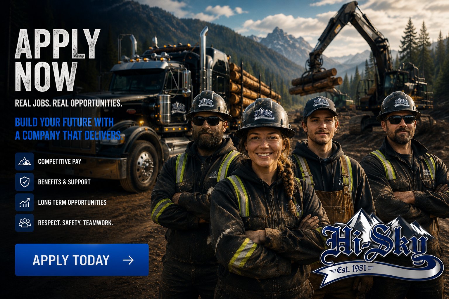 Apply now with Hi-Sky Enterprises. Real jobs, real opportunities. Competitive pay, benefits and support, long term opportunities, and a culture of respect, safety, and teamwork.